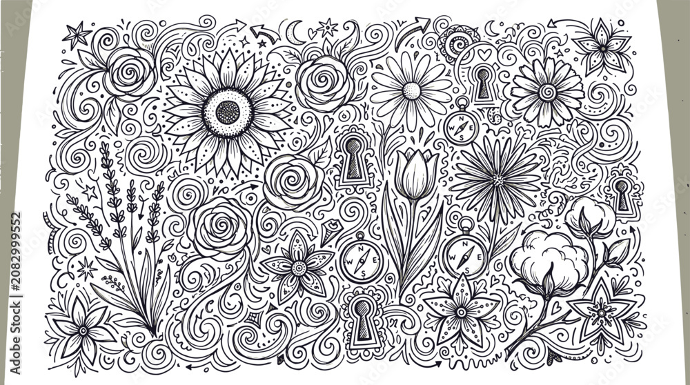 Fototapeta premium Intricate hand drawn floral botanical doodle pattern illustration with botanical illustration artistic decorative ornamental intricate monochrome creative background wallpaper