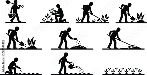 Agriculture and Gardening Work Silhouette Icons Set - Planting, Digging and Watering