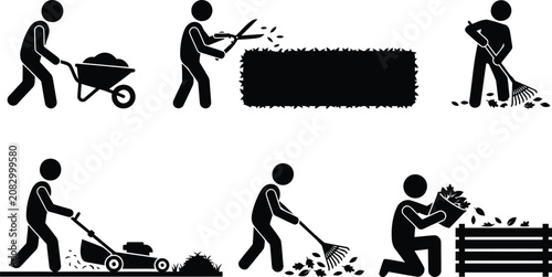 Lawn Care and Gardening Activities Silhouette Icons Set