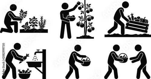 Gardening and Plant Care Silhouette Icons Set - Planting, Watering and Harvesting Activities