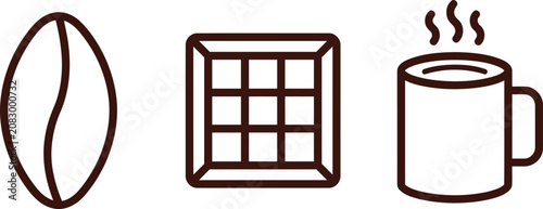 Obraz na płótnie Chocolate line icon set cocoa bean chocolate bar and hot drink mug