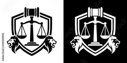 Quadro su tela Heraldic legal emblem featuring justice scales, gavel, shield, and roaring lion