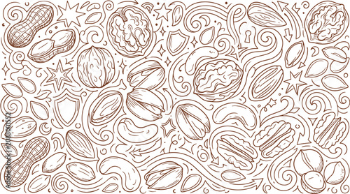 Fotografie Mixed nut variety doodle line art background with whole food hazelnuts illustrat