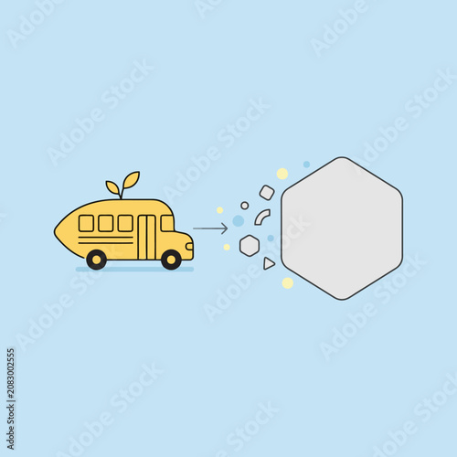 A yellow bus illustration moving towards a large gray shape