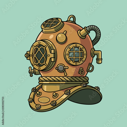 A vintage brass deep sea diving helmet on light background