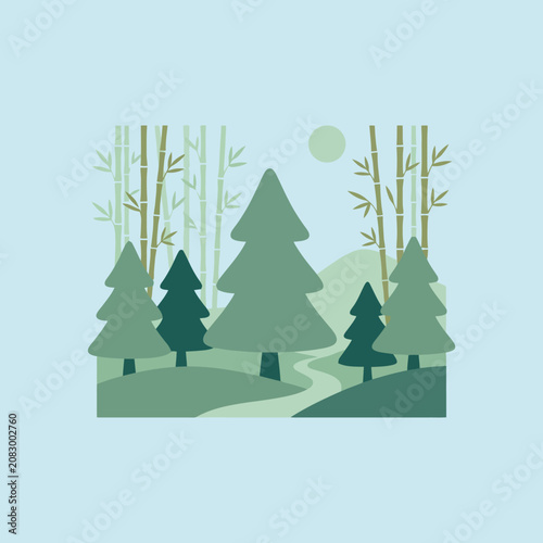Minimalist forest landscape with pine trees and bamboo