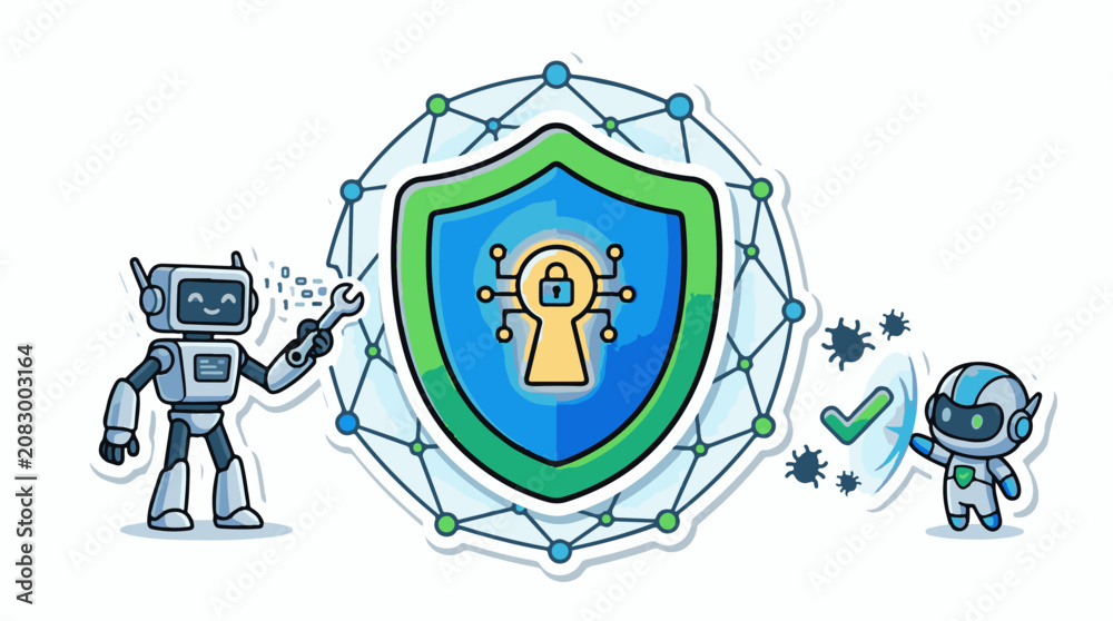 Obraz premium Two robots protect a shield with a lock symbol against cyber threats