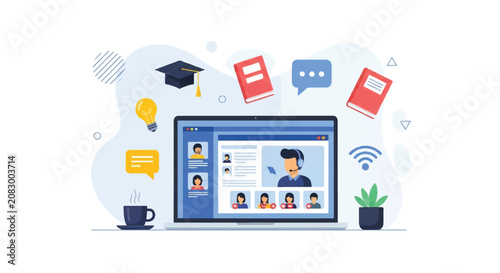Online education platform on laptop with graduation cap and icons