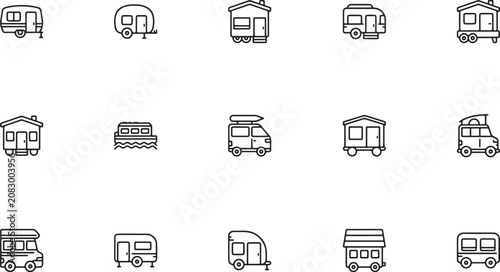 Fotografie Recreational vehicle and travel trailer outline vector icon collection featuring