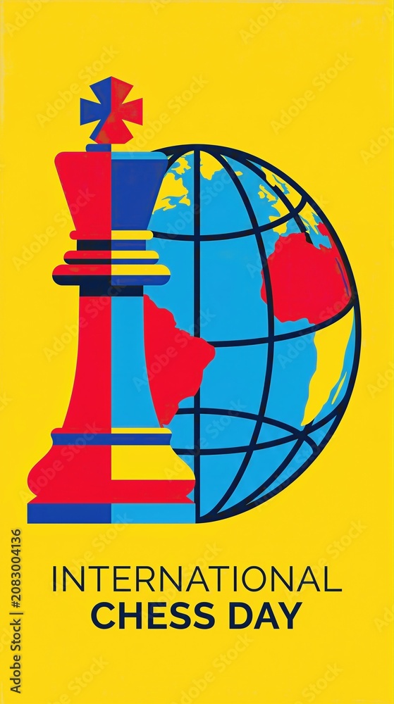 Obraz premium Chess king piece standing beside a globe illustration for International Chess Day. Symbol of global strategy, logic, and mind game championship. Creative graphic design for sports event.