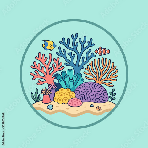 A colorful illustration of a vibrant coral reef underwater scene
