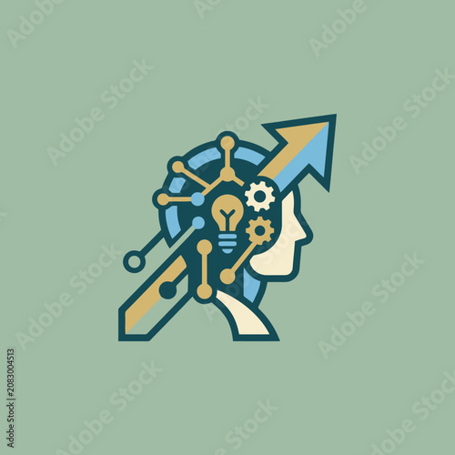A stylized human profile shows gears and a lightbulb icon