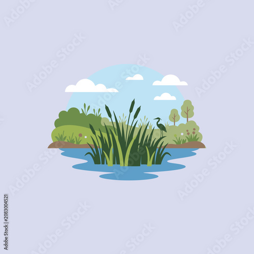 Flat vector illustration of a peaceful swamp landscape
