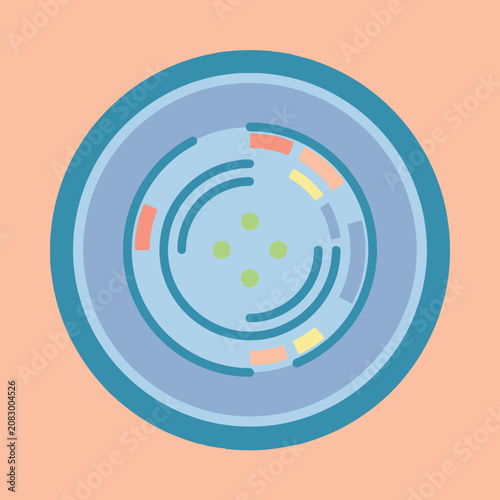A circular abstract graphic design with concentric blue rings