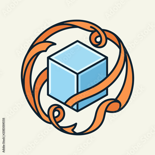 A blue cube surrounded by an orange ribbon on light background
