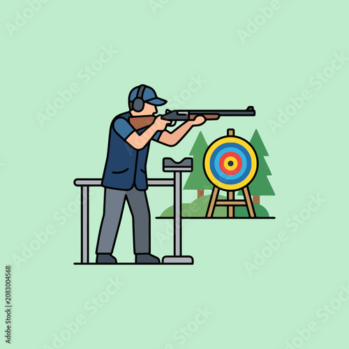 A male shooter aims a shotgun at a target in the woods