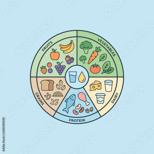 A colorful illustration of a balanced daily nutritional food plate