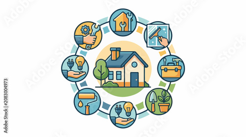 A house surrounded by icons representing home maintenance and improvement tasks