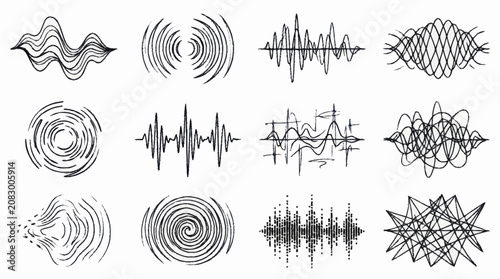 Photos Collection of abstract sound wave and spiral line art designs.
