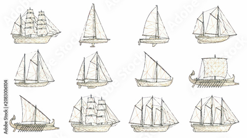 Tableau sur toile Collection of vintage sailing ship illustrations in line art style