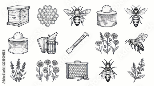 Quadro su tela Detailed Beekeeping and Honeycomb Illustration Set.