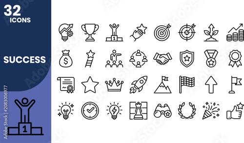 Professional success line icon set featuring achievement, goals, leadership, trophies, business growth, productivity, innovation, motivation, and excellence outline symbols.