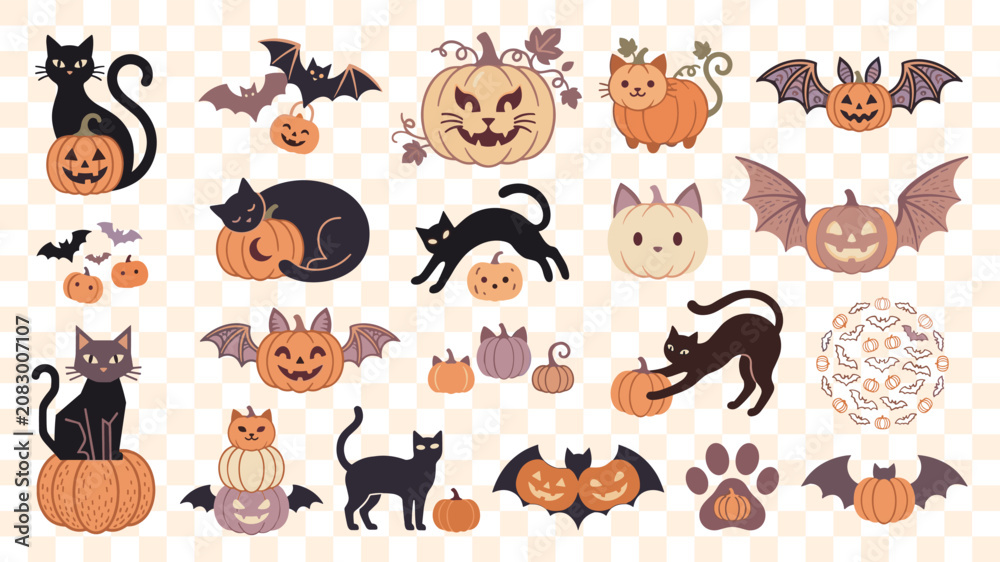Obraz premium Cute black cats playing with pumpkins and bats for Halloween.