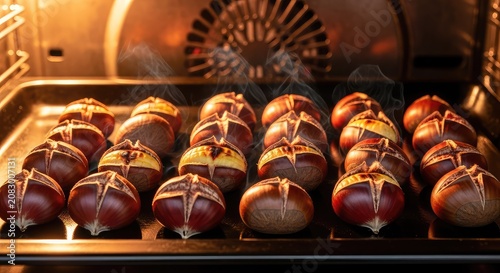 Freshly scored chestnuts roasting on a dark baking tray inside a warm oven, perfect for a cozy autumn snack and seasonal festive traditions, brown, culinary, winter