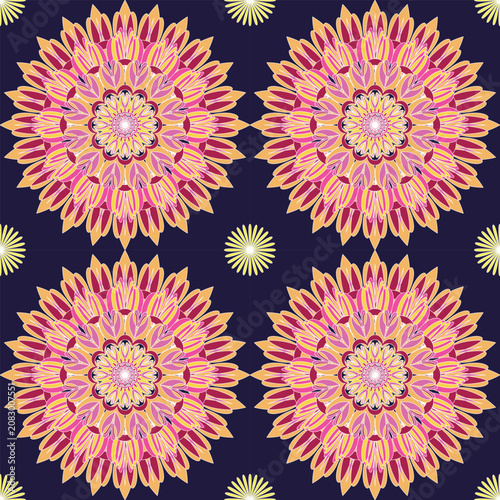 Elegant seamless floral mandala with layered petals in pink, peach, and gold on a deep navy background. Perfect for fabric, wallpaper, home décor, gift wrap, and fashion prints.
