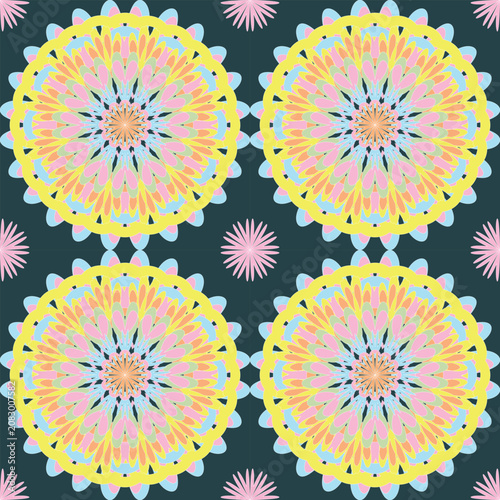 Seamless pastel mandala pattern with intricate floral layers on a dark teal background. Ideal for textiles, apparel, wallpaper, stationery, packaging, and home décor projects.