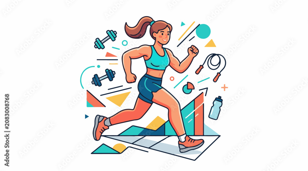 Fototapeta premium Fit woman running amidst abstract shapes and gym equipment