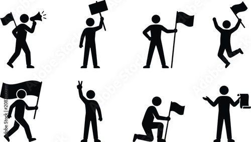 Protest and Demonstration People Silhouette Icons Set with Flags Signs and Public Activism