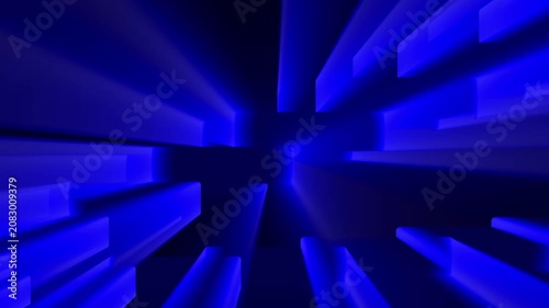 Abstract blue digital barcode data corridor room with moving volumetric light rays