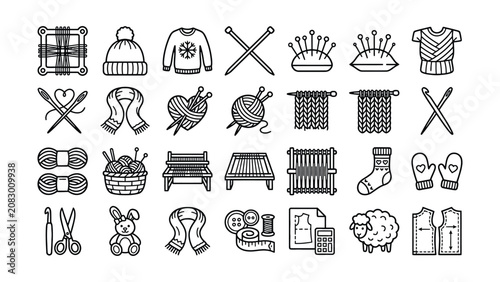 Black and white illustration of various knitting and sewing related objects and clothing on transparent background