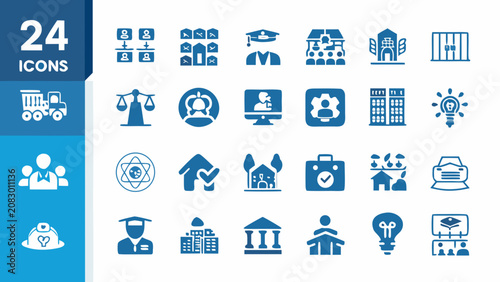 Photos Societal sector icons flat blue glyphs representing various industries and commu