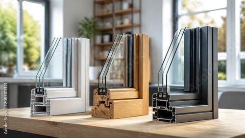 Elegant showcase of different window frame samples crafted from materials such as wood aluminum and vinyl arranged on a contemporary kitchen table illuminated by warm natural light