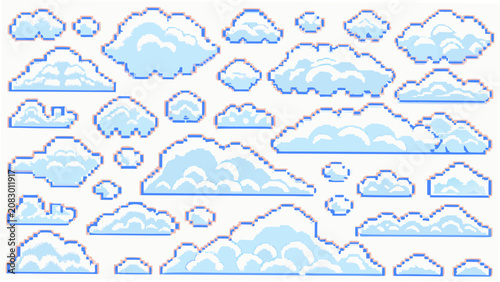 Obraz na plátně Pixelated clouds form a repeating vector pattern with light blue and white color