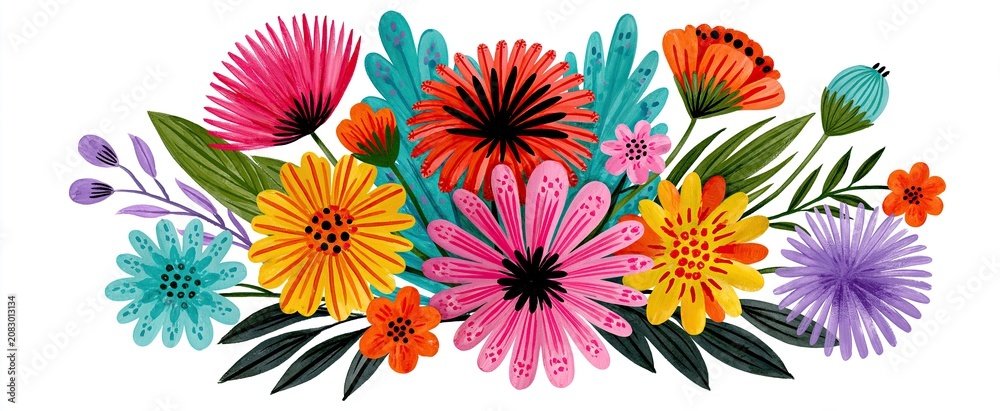 Fototapeta premium Colorful spring bouquet illustration featuring lively petals and leaves, ideal for seasonal greetings and promotions.