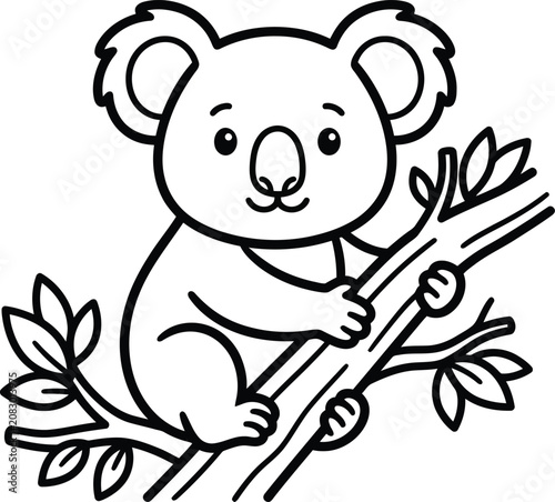 Canvas Print Cute baby koala climbing on tree branch colouring page with wildlife