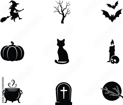Halloween silhouette icons set including witch pumpkin cat and bats