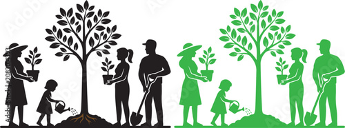 Silhouette of people planting trees and gardening together