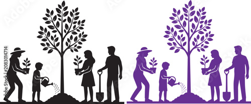 Silhouette of family planting tree people gardening together community service silhouette