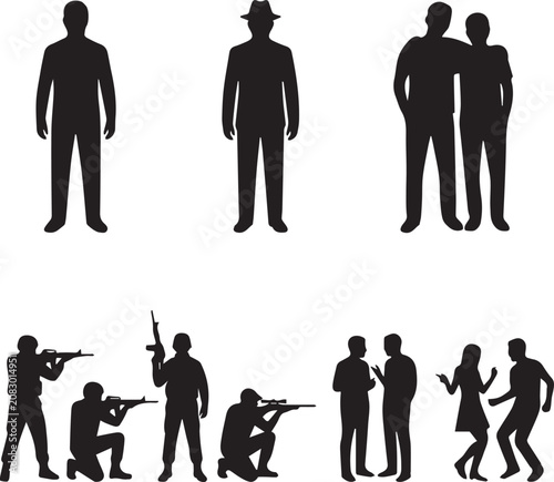 Black silhouette collection armed individuals detectives and people in various poses
