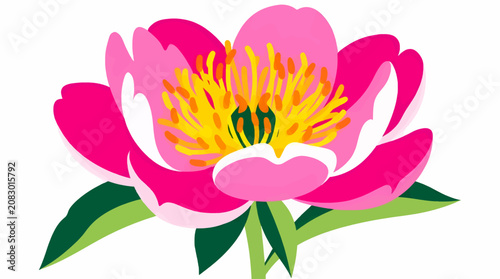 Foto Flat Vector Illustration of a Single Pink Peony Flower Head with Prominent Yello