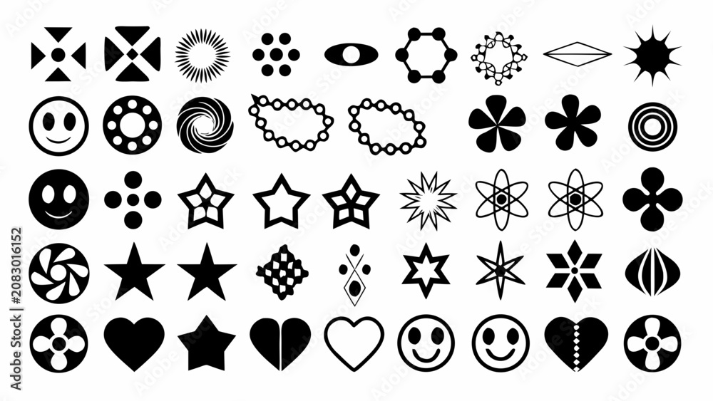 Fototapeta premium Collection Of Black Flat Icons Featuring Geometric Shapes Stars And Smiling Faces On White Background