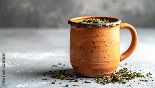 Rustic clay mug filled with aromatic herbal tea leaves, scattered on a textured surface