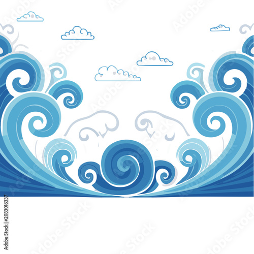 Abstract Ocean Waves and Clouds Vector Illustration