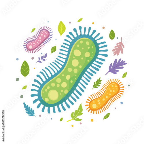 Colorful Bacteria and Leaves Flat Vector Illustration