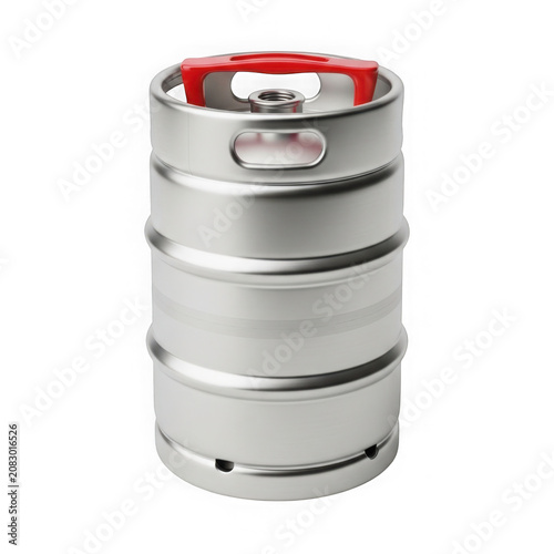 Shiny silver beer keg with red tap