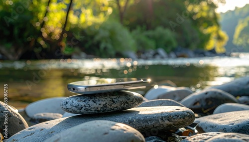 Silver Smartphone Resting on Smooth River Stones Amidst a Serene Natural Landscape With Sunlight Reflections